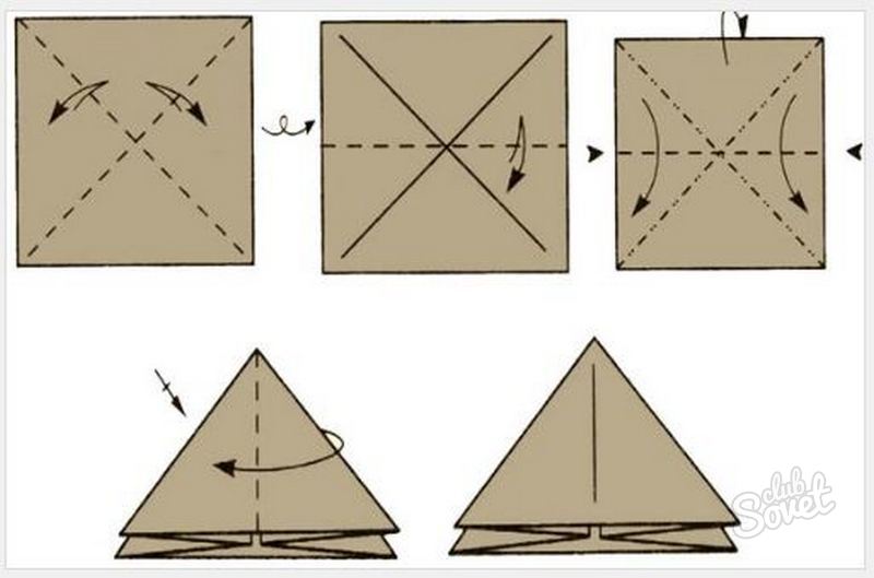 Fold in two side triangles, then rotate the shape - and do the same with the next pair of triangles